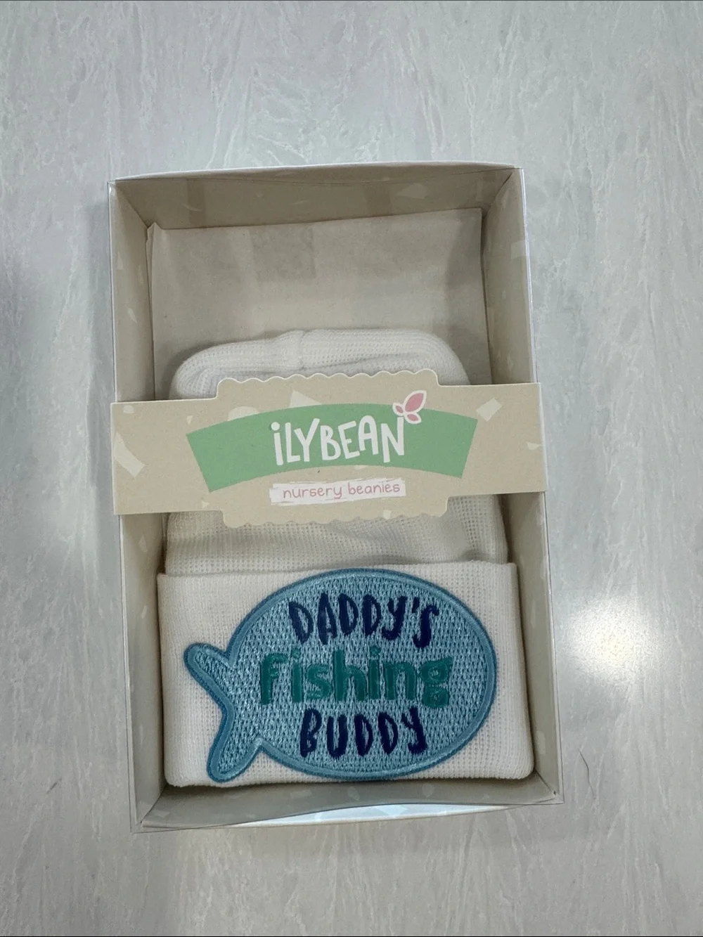 White Baby Beanie with Blue 'Daddy's Fishing Buddy' Patch NWT Newborn